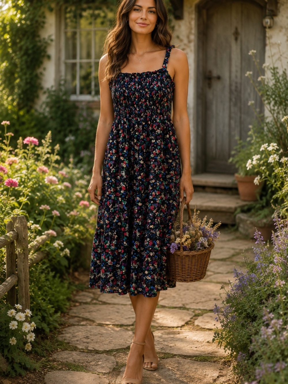 GAP Floral Smocked Midi Dress Women's L Black Sleeveless Cottagecore Boho Rayon - Picture 12 of 12